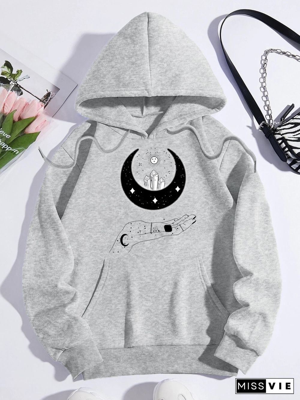 Printed on front Kangaroo Pocket Hoodie Long Sleeve for Women Pattern Sun and Moon Painting