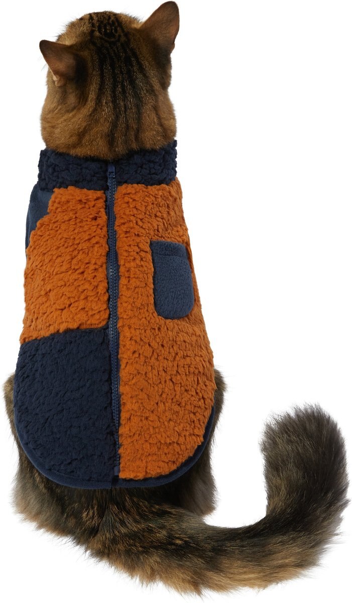 Frisco Lightweight Colorblock Dog and Cat Zippered Sherpa Fleece Vest， Blue/Brown