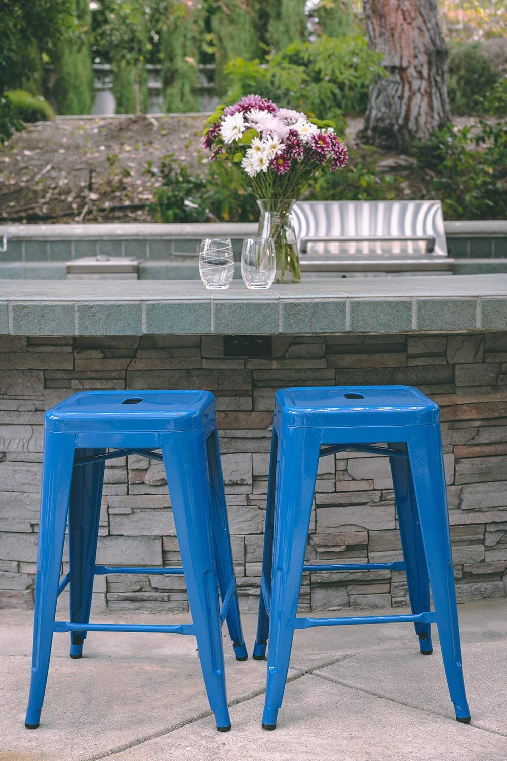 24 Inch Metal Bar stools, Backless Counter Height Barstools, Indoor Outdoor Stackable Stools with Square Seat