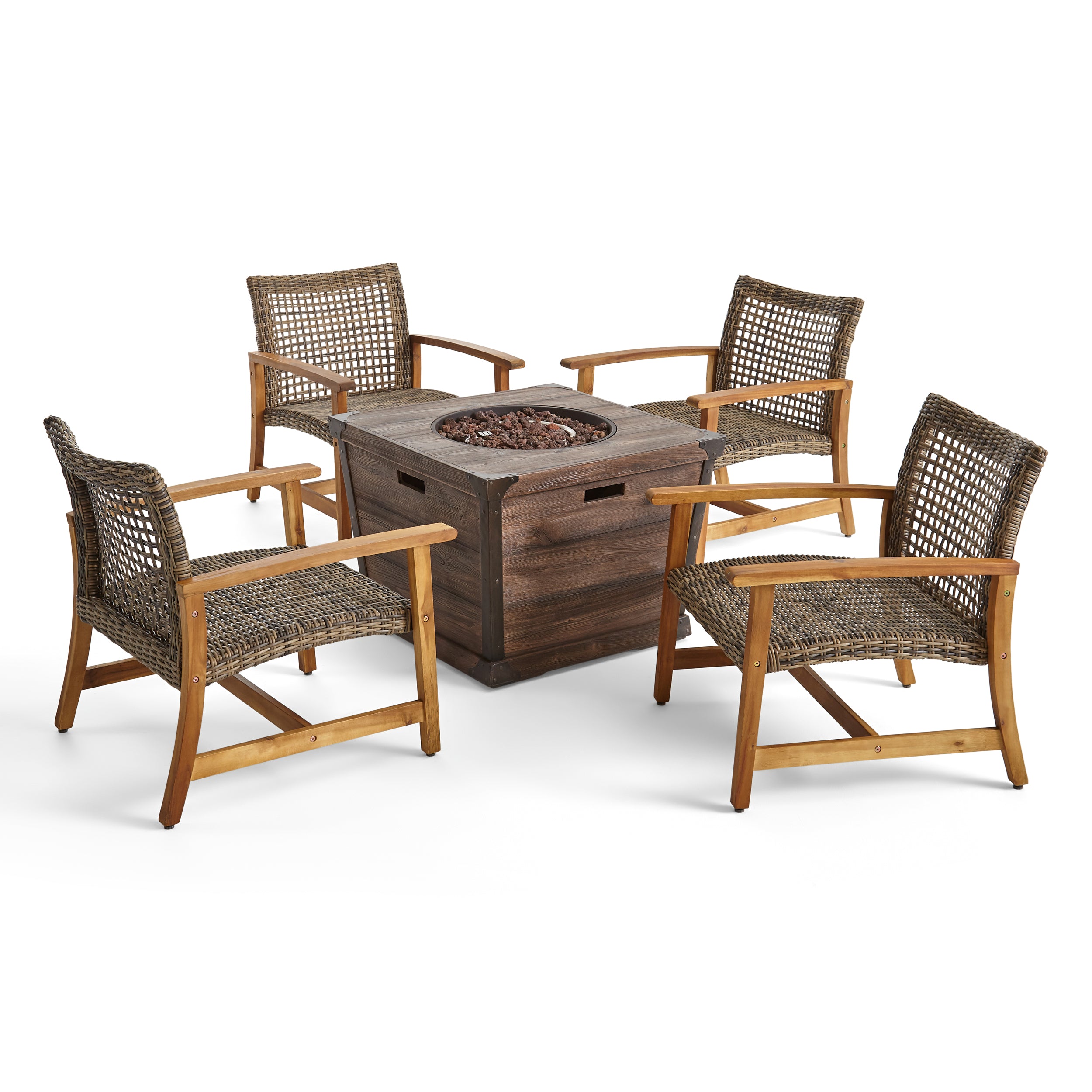 Levant Outdoor 4-Seater Wood and Wicker Club Chair Set with Fire Pit