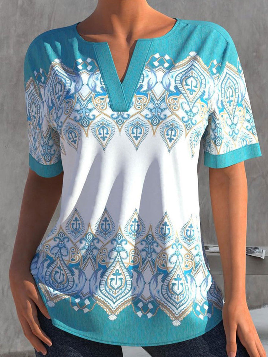 V-Neck Casual Loose Vintage Print Short Sleeve Blouse