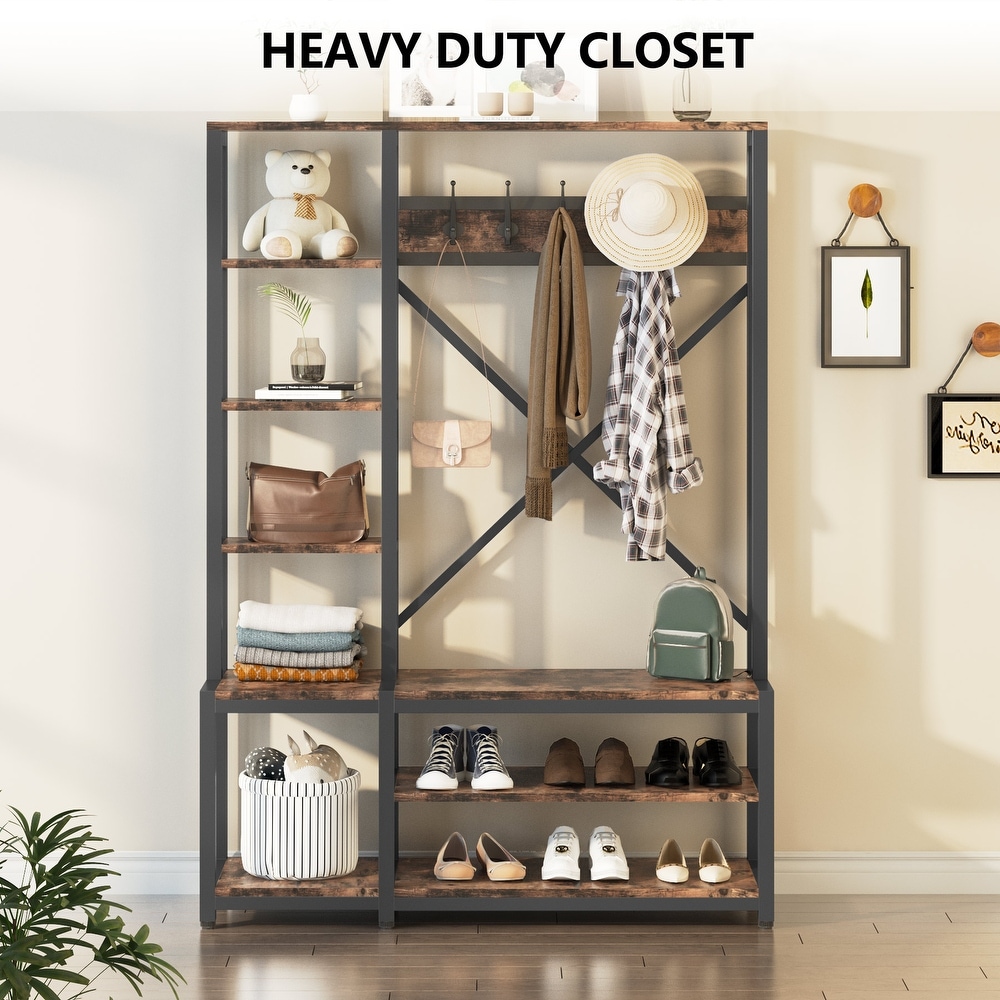 Entryway Hall Tree Coat Rack with Shoe Bench and Side Storage Shelves