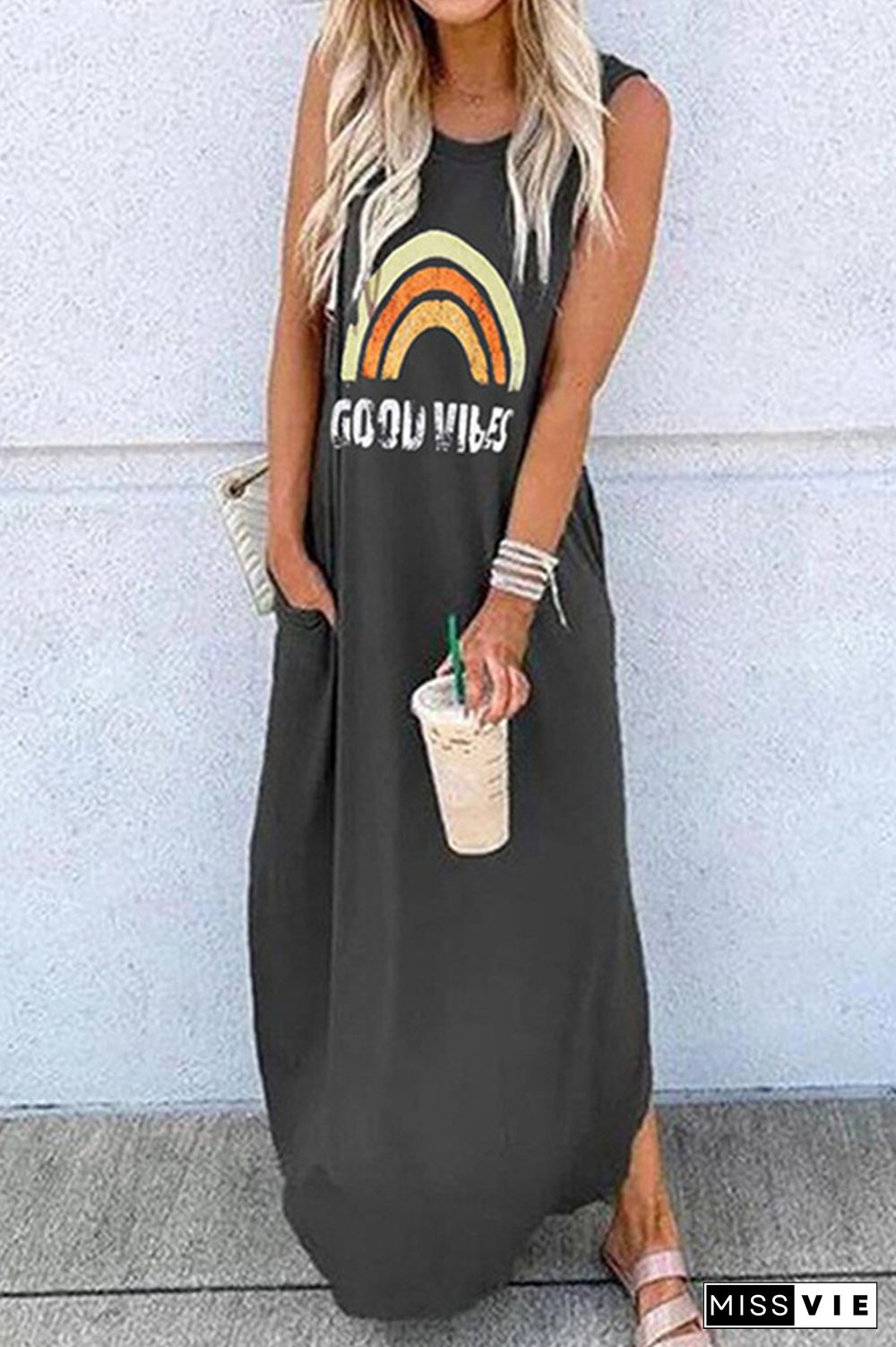 Black Printed O-neck Sleeveless Dresses