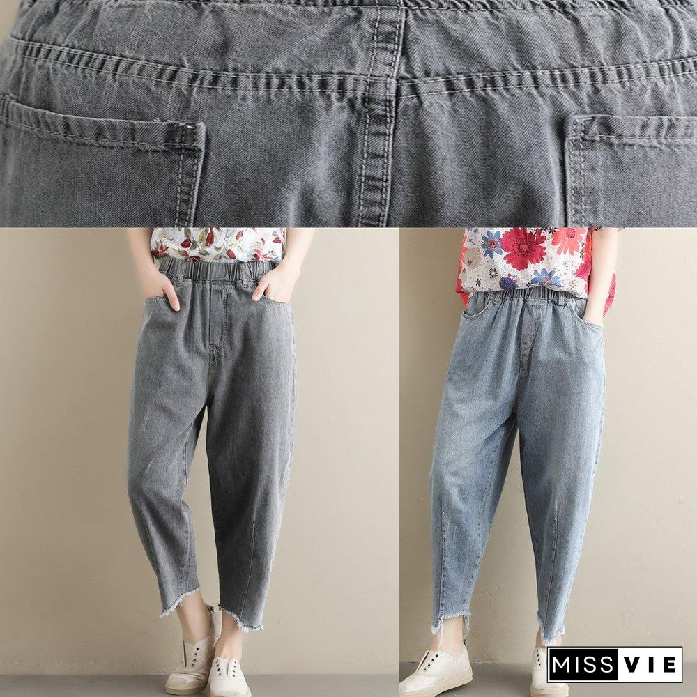 Summer new literary large size gray trousers loose elastic waist casual nine points jeans