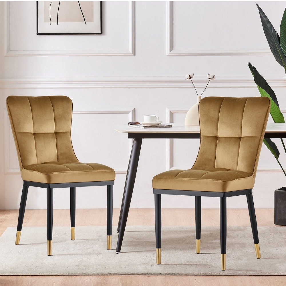 Velvet Upholstered Dining Chairs with Checked Pattern   Metal Legs