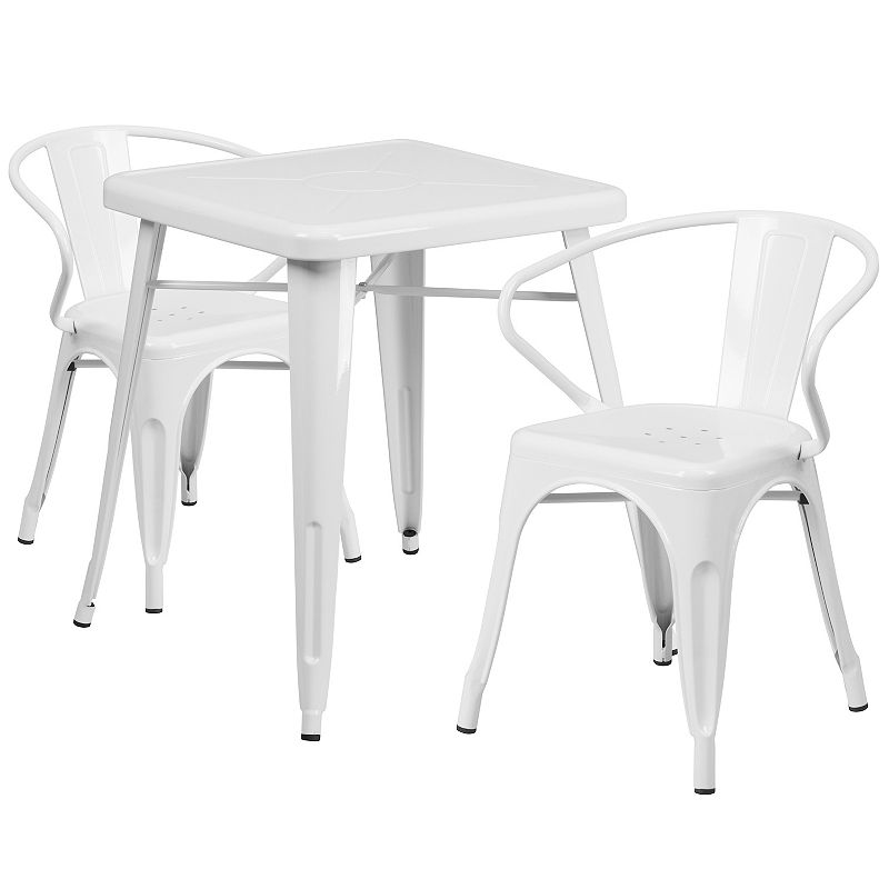 Emma and Oliver Commercial 23.75 Square Silver Metal Indoor-Outdoor Table Set-2 Arm Chairs