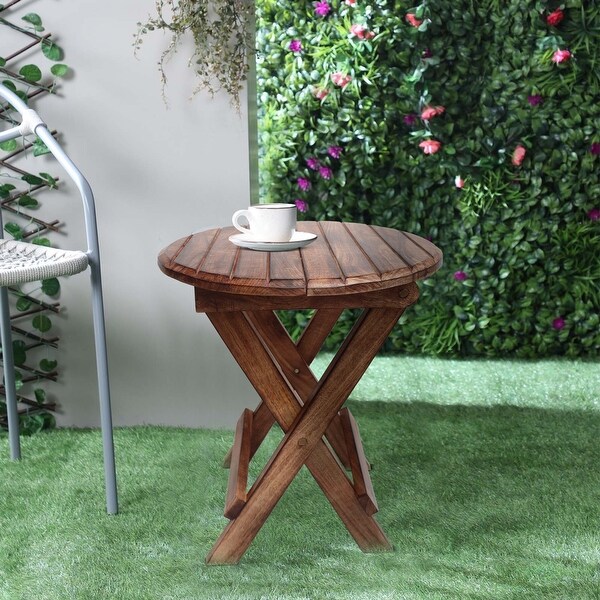 Wooden Round Folding Chair Side End Table with Planked to p for Living Room and Framhouse， Rustic Brown， Plank Style