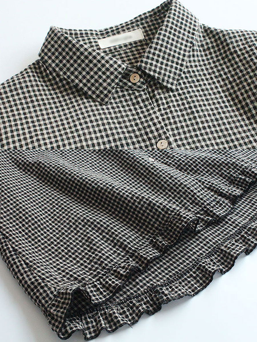 Cotton And Linen Ruffled Plaid Lapel Long-sleeved Blouse