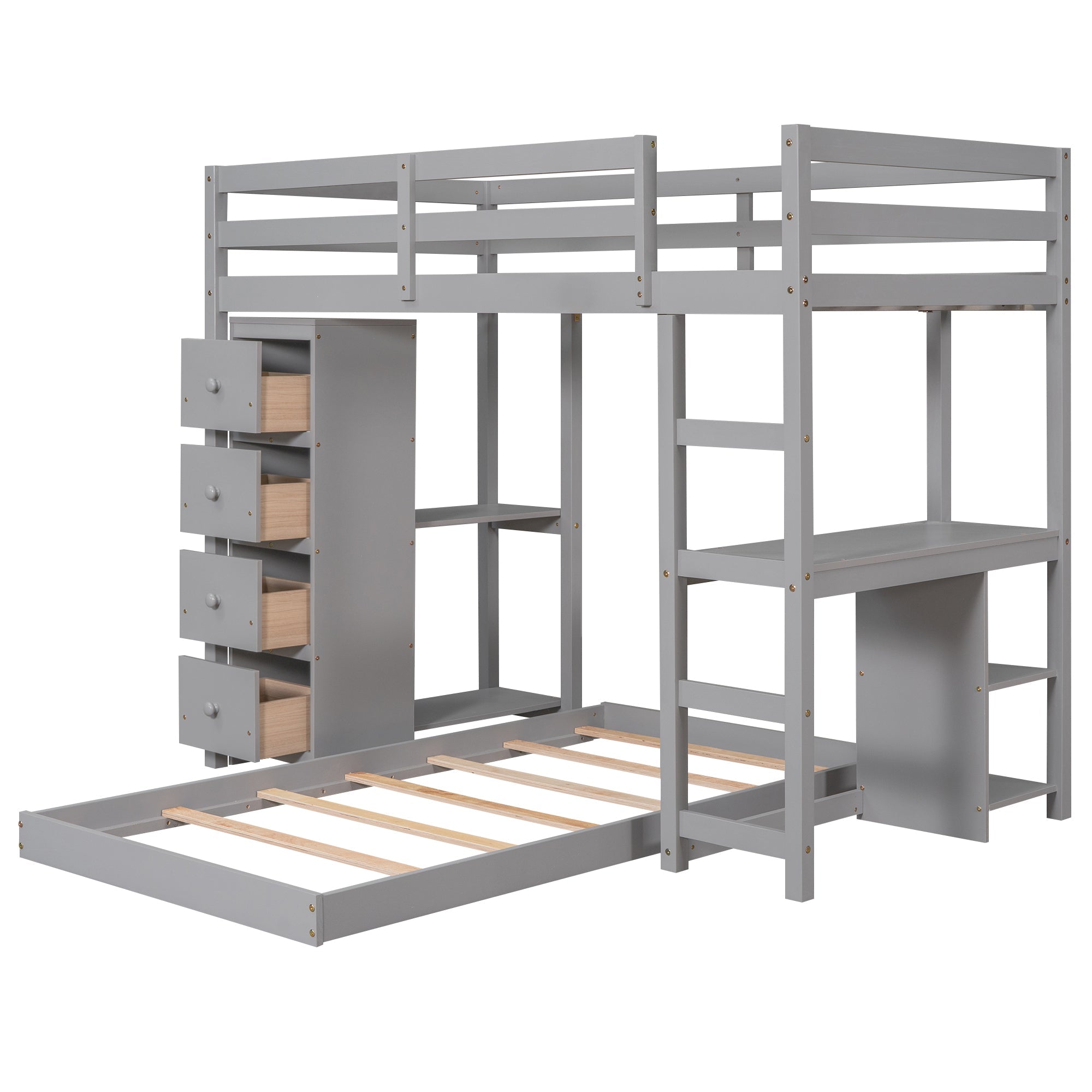 Euroco Twin Over Twin Loft Bed with Four Drawers and Ladder for Kids, Gray