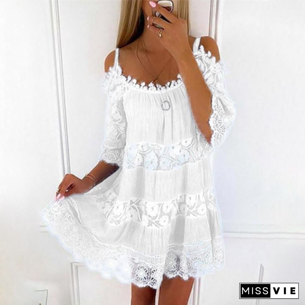 Lace Patchwork Suspender Flower Girdle Casual Solid Loose Dress White Dresses