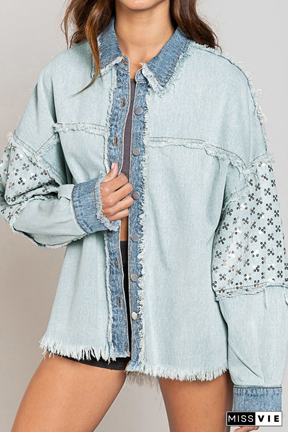 Washed Sequin Raw Trim Open Front Button Denim Jackets