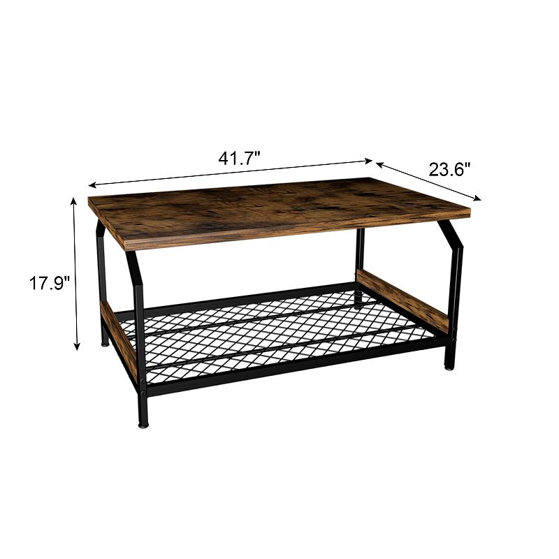 Frana Brown Wood Coffee Anti-Rust Iron Table with Black Mesh Shelf