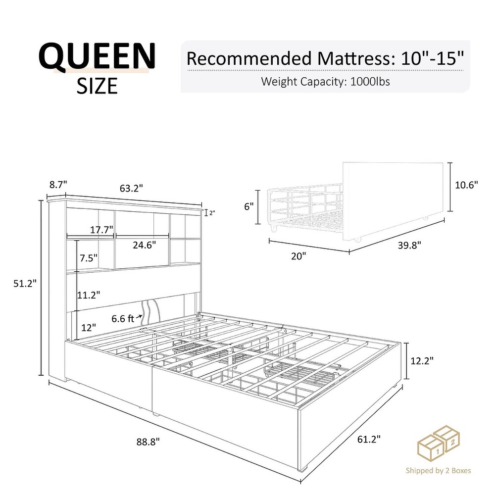 Queen Size Bed Frame Wooden Platform Bed with 51.2'' Storage Bookcase Headboard  4 Storage Drawers   Charging Station