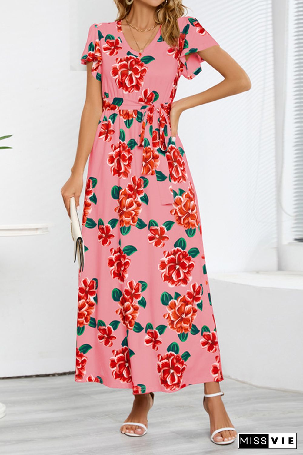 V Neck Short Sleeves Floral Maxi Dress