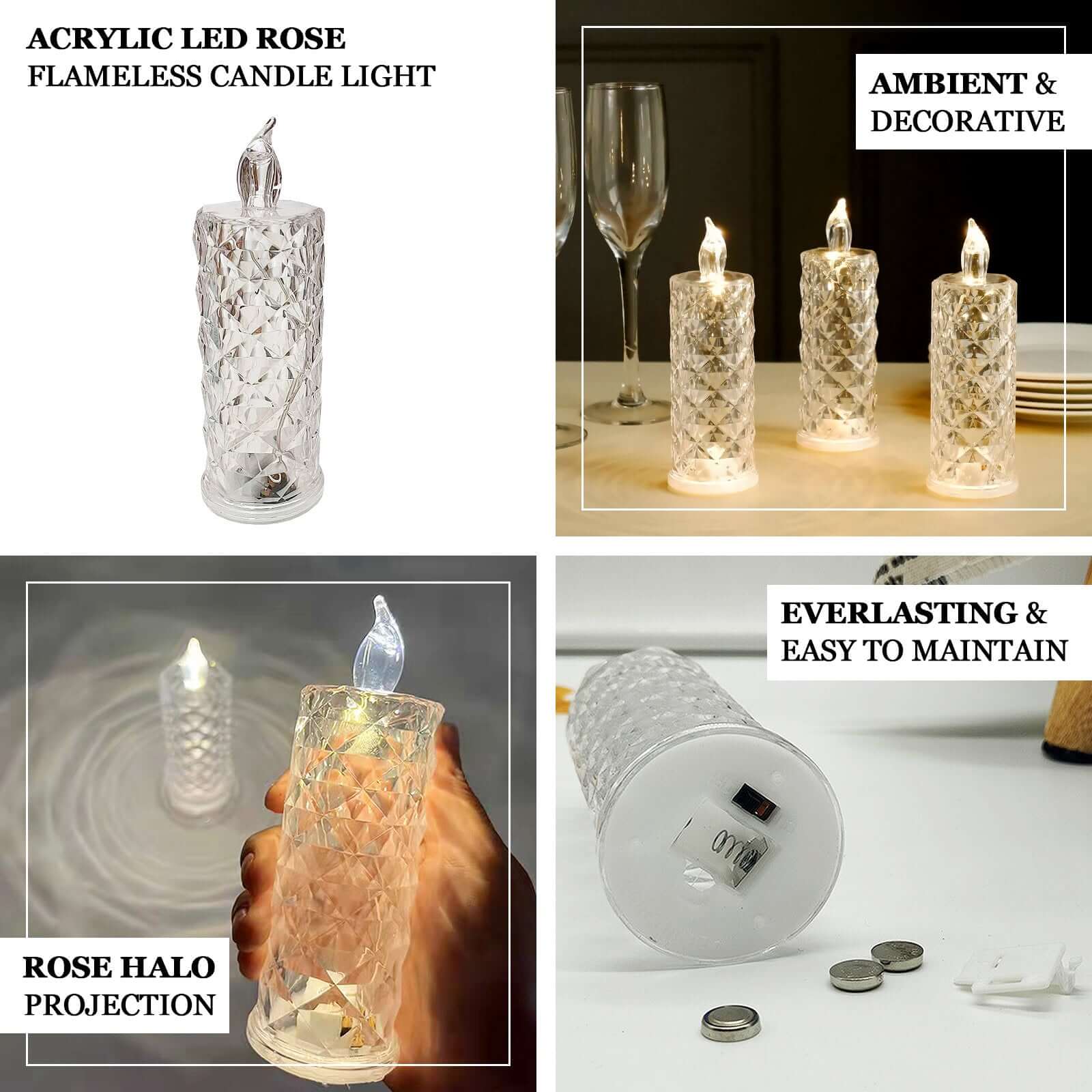 3 Pack Warm White LED Rose Halo Battery Operated Candle Lamps, Acrylic Diamond Pillar Flameless Candle Light 6