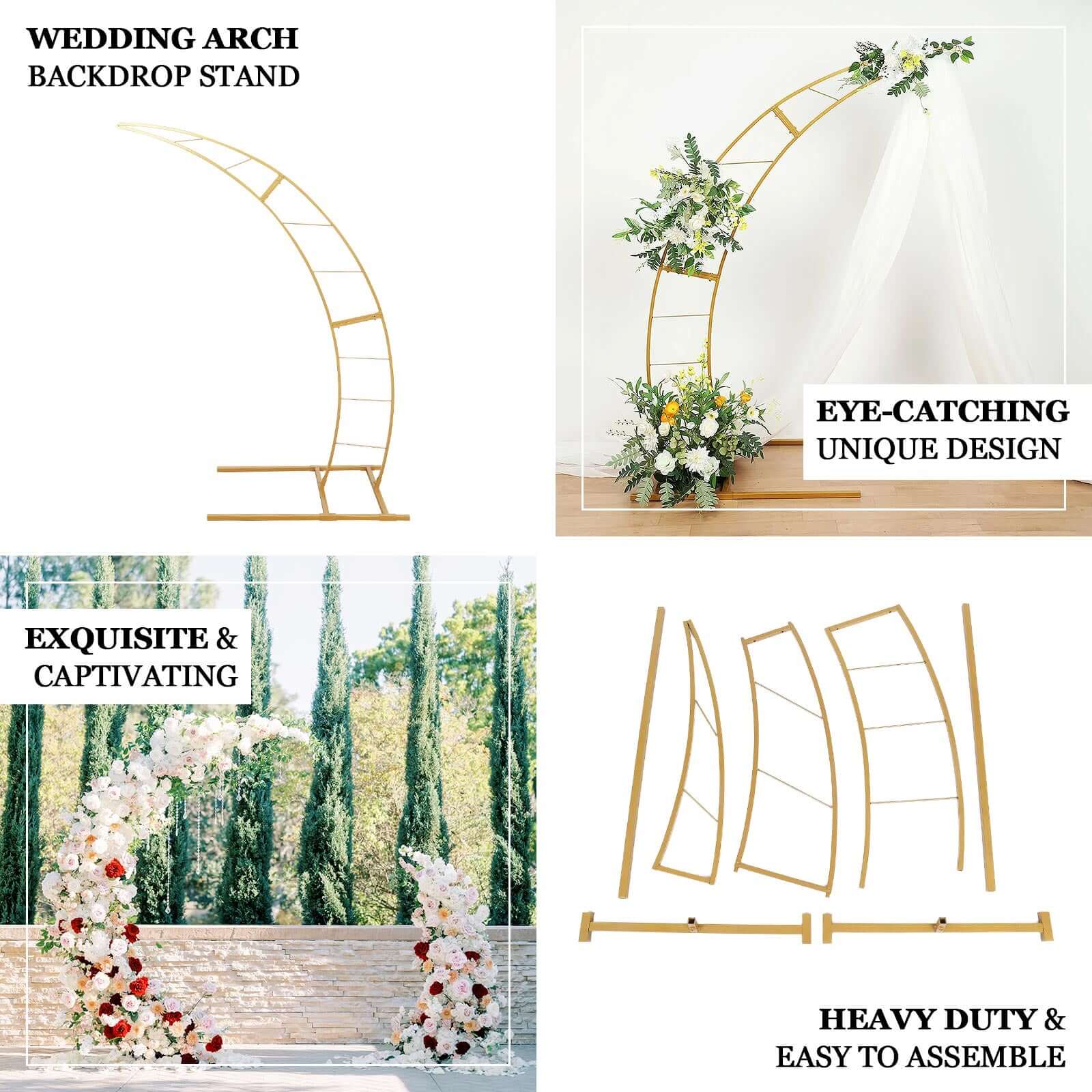 Gold Metal Half Crescent Moon Wedding Arch Flower Stand, Curved Arbor Balloon Frame 6.5ft