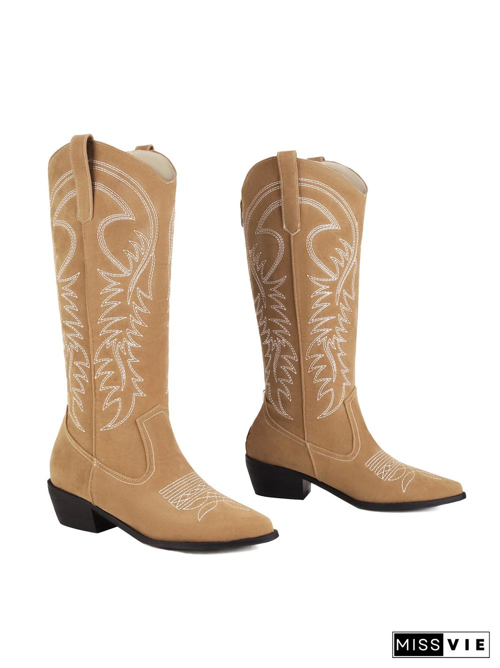 Embroidered Panel Plush Warm Pointed-Toe Cowboy Boots