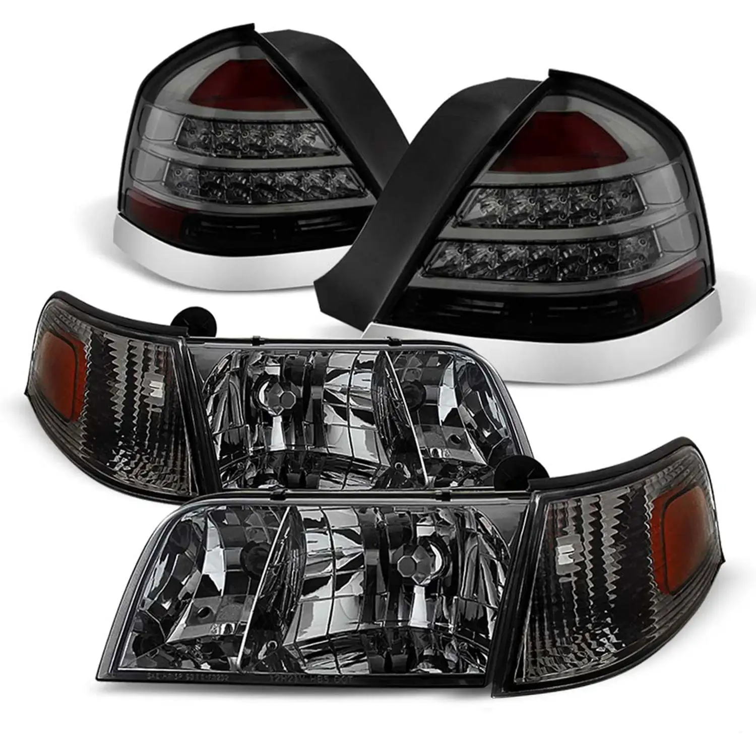 For 1998-2011 Ford Crown Victoria Smoked Headlights + LED Tail Brake Lamp Pair