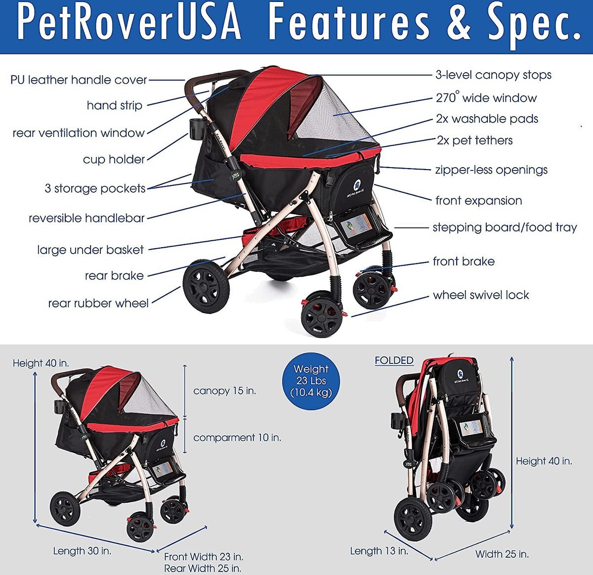 HPZ Rover G2 Premium Expandable No-Zip Dog and Cat Stroller