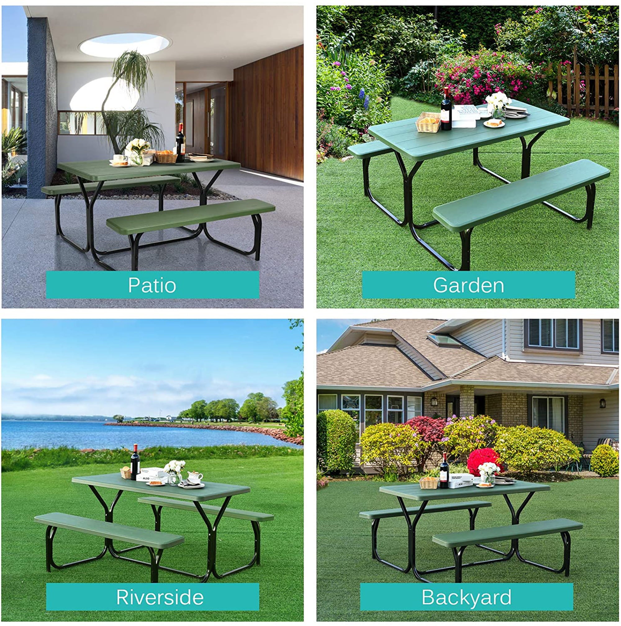 Gymax Picnic Table Camping Picnic Bench Set Backyard Garden Patio Dining Party Green