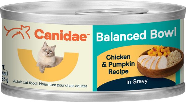 CANIDAE Balanced Bowl Chicken and Pumpkin Recipe in Gravy Wet Cat Food， 3-oz can， case of 24