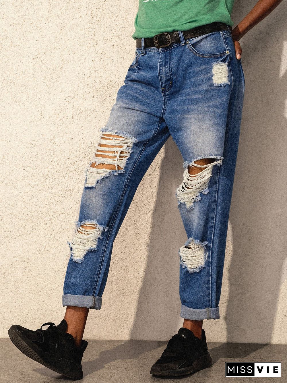 Blue Random Ripped Denim Sheath Vintage Jeans