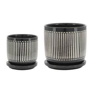 Flynama 5 in. 6 in. Black Stripes Ceramic Planter Stand Plant Pot for OutdoorIndoor Stand (2-Pack) JX-79106868