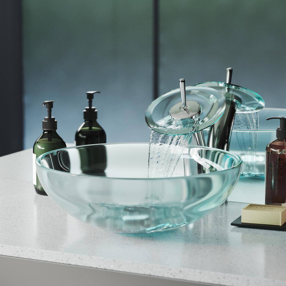 Swiss Madison Cascade Clear Round Glass Vessel Sink with Cascade Faucet SM-VSF251