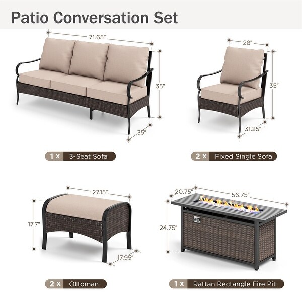 MAISON ARTS 4/6Piece HeavyDuty Oversized Metal Conversation Set with Fire Pit Table，3Seat Sofa，Swivel Chairs，Ottoman(s)