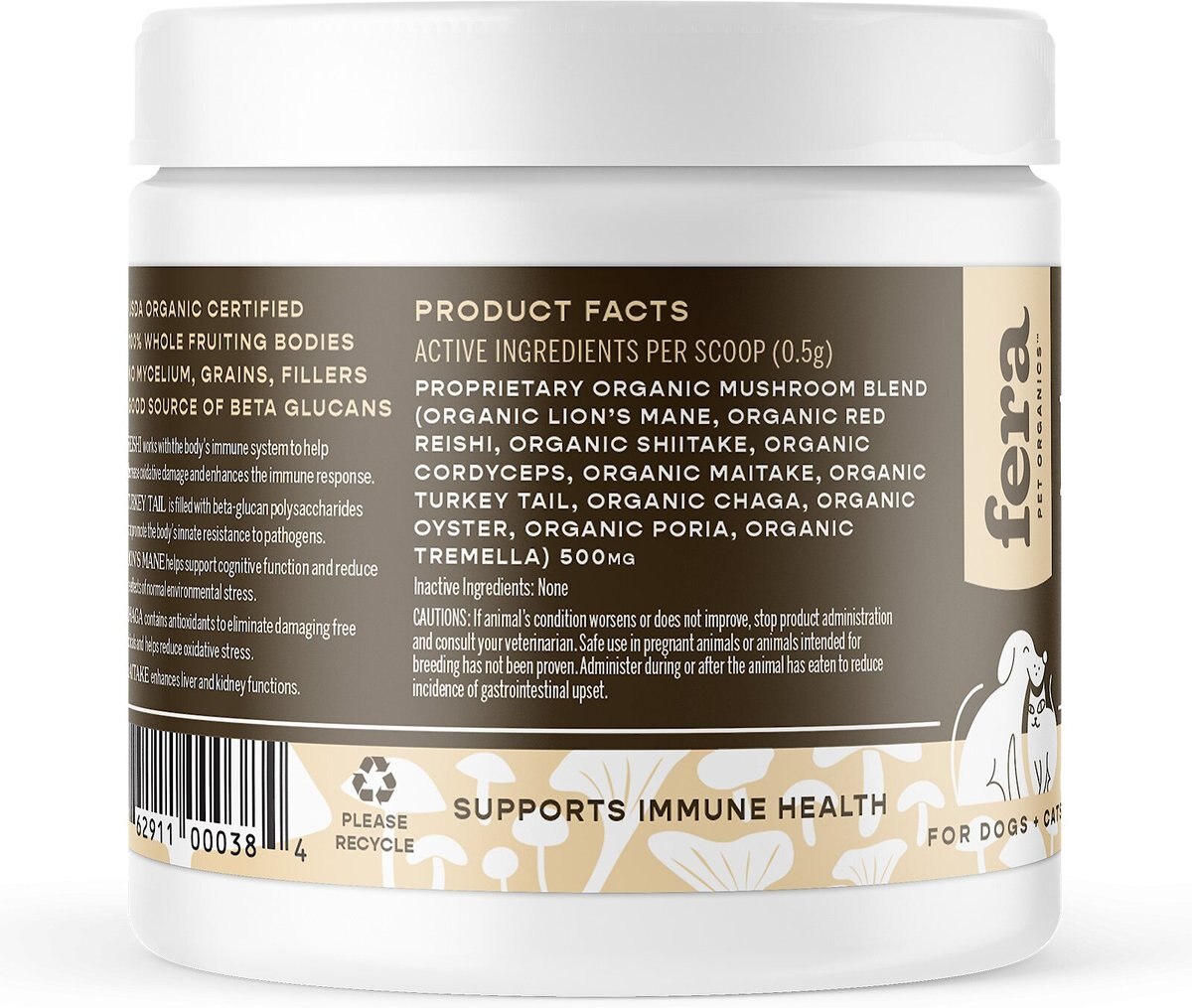 Fera Pet Organics Mushroom Immune Support Dog and Cat Supplement， 2.12-oz bottle