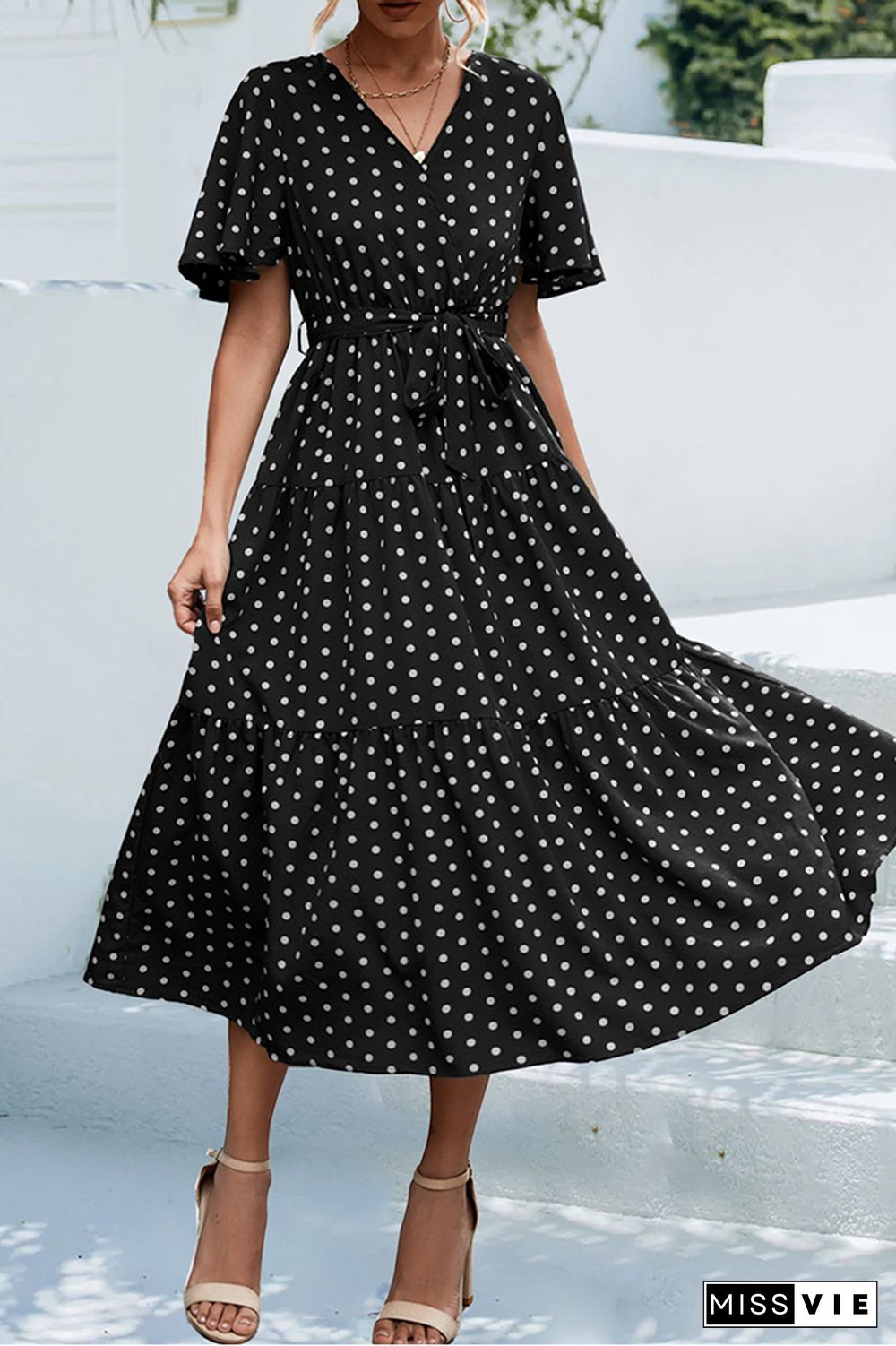 Polkadot V Neck Waist Tie Tiered Ruffle Dress