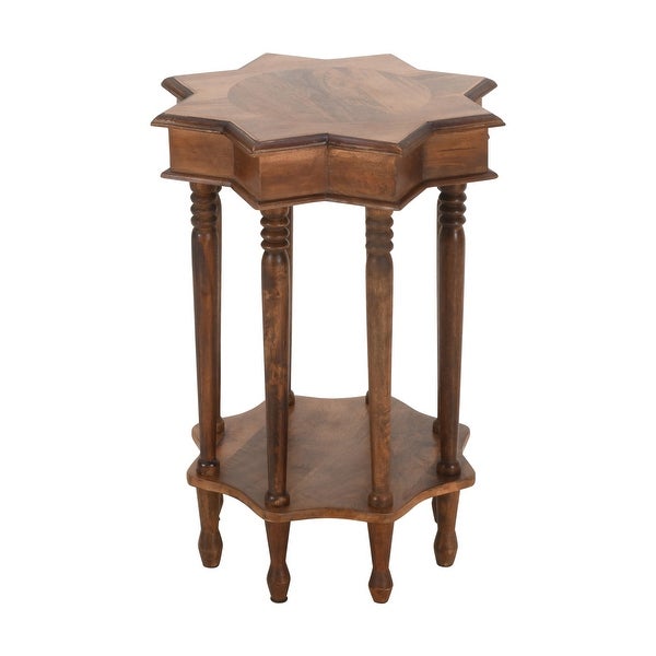 22 Inch French Design Handcrafted Mango Wood Side Table with Star Shape， Brown