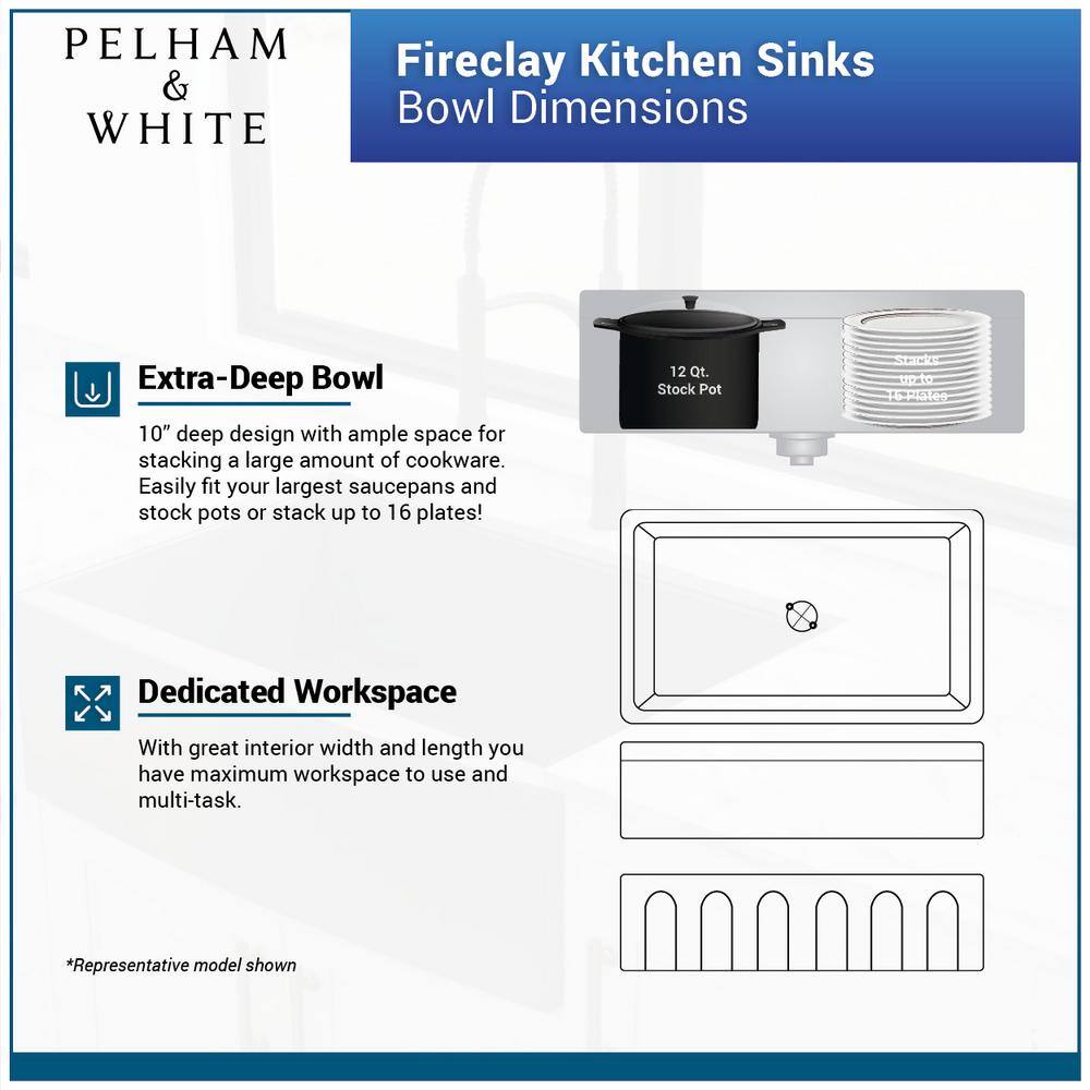 PELHAM  WHITE Kingsbridge Fireclay 32.5 in. Single Bowl Farmhouse Apron Kitchen Sink with Farmhouse Faucet Bottom Grid Drain PWS533-C