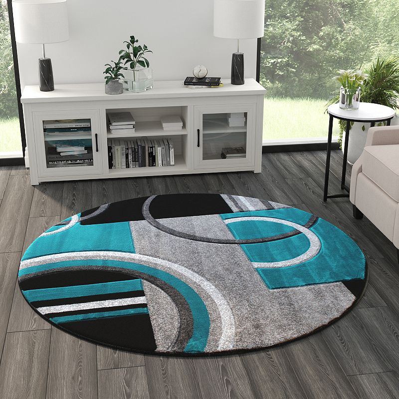 Masada Rugs Masada Rugs Sophia Collection 5'x5' Hand Sculpted Modern Contemporary Round Area Rug in Turquoise， Gray， White and Black