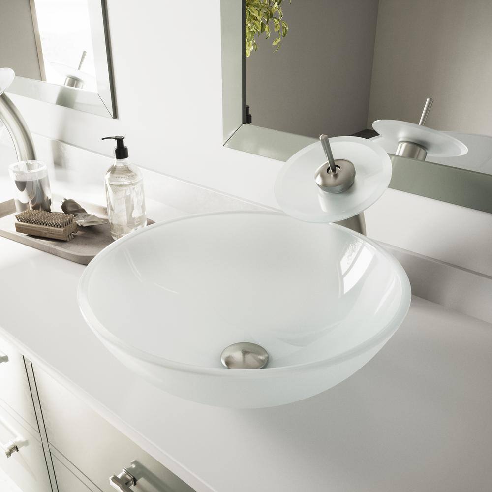 VIGO Glass Round Vessel Bathroom Sink in Frosted White with Waterfall Faucet and Pop-Up Drain in Brushed Nickel VGT036BNRND