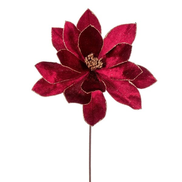 Vickerman 22 Burgundy Velvet Sheen Glitter Trim Poinsettia Stem，4 per bag.