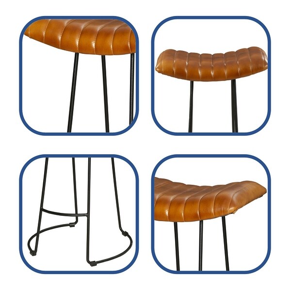 Tan Brown and Black Industrial Barstool with Curved Genuine Leather