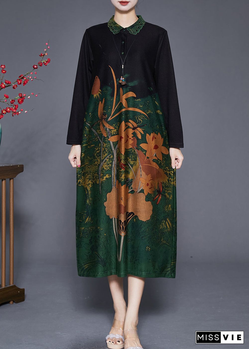 Elegant Green Print Peter Pan Collar Silk Long Dresses Fall