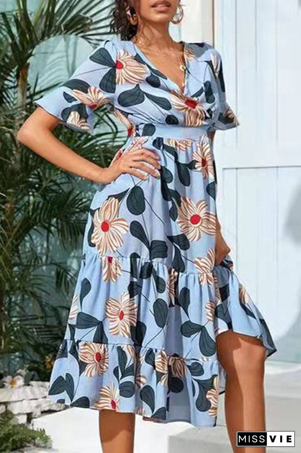 Fashion Street Print Split Joint V Neck A Line Dresses