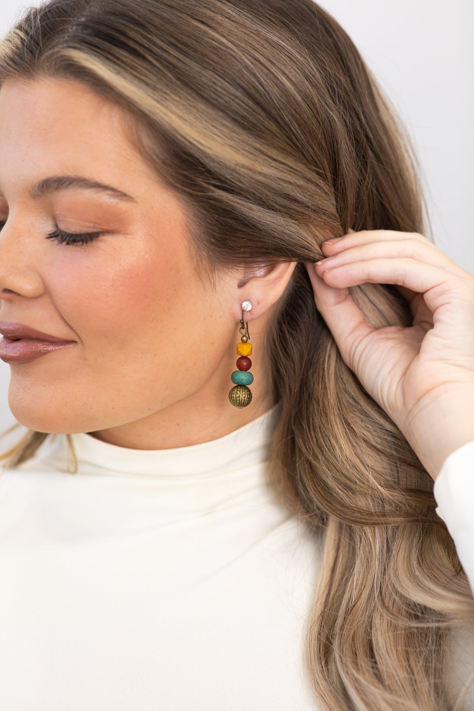 Teal and Mustard Multicolor Beaded Earrings