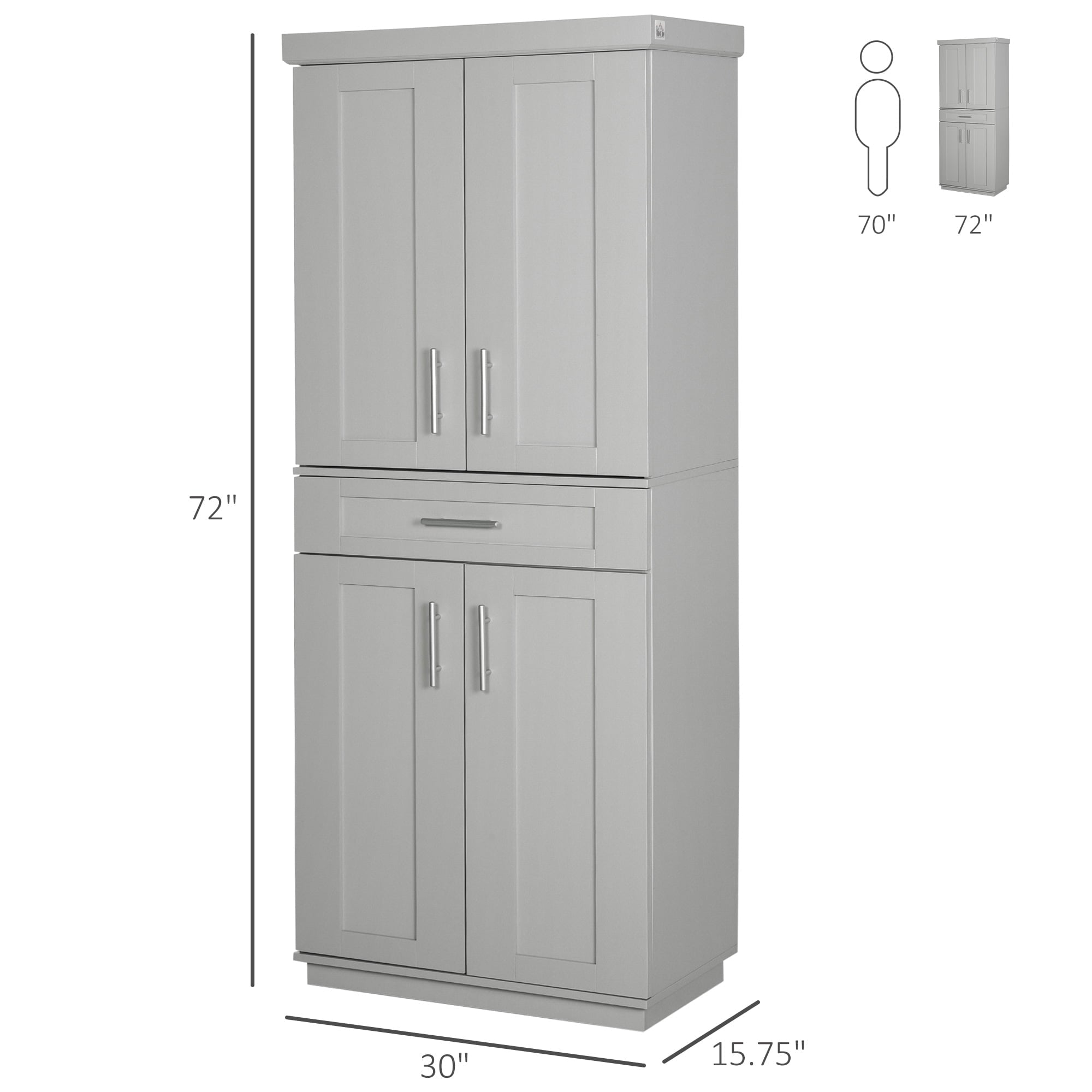 HomCom Kitchen Pantry with Doors and Shelves， Adjustable Shelving， Grey