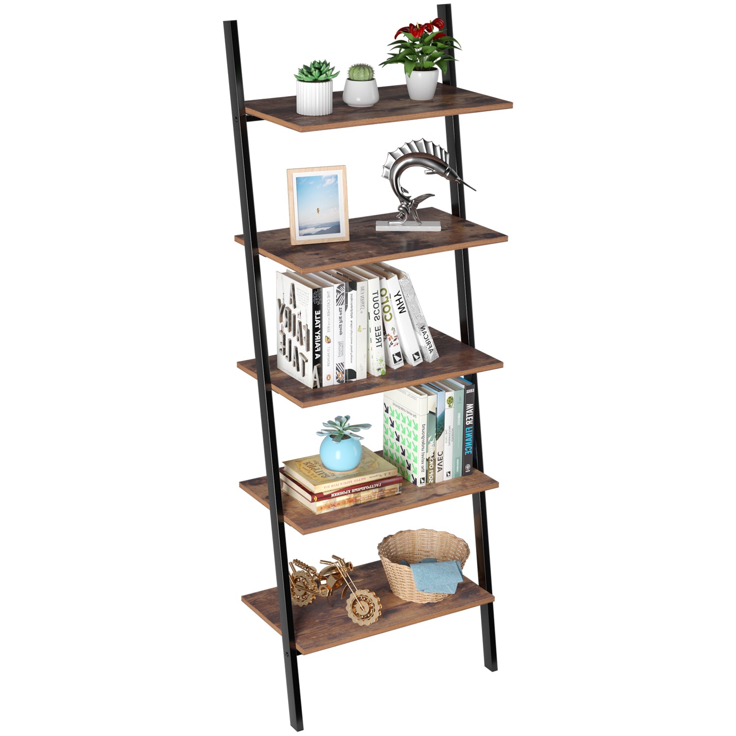 5 Tier Ladder Shelf Plant Flower Stand Leaning Wall Bookcase Storage Bookshelf Multipurpose Storage Organizer Display Rack