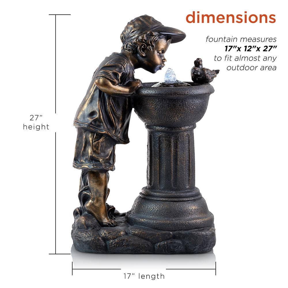 Alpine Corporation 27 in. Tall Indoor/Outdoor Boy Drinking From Water Fountain with LED Lights, Bronze GXT740