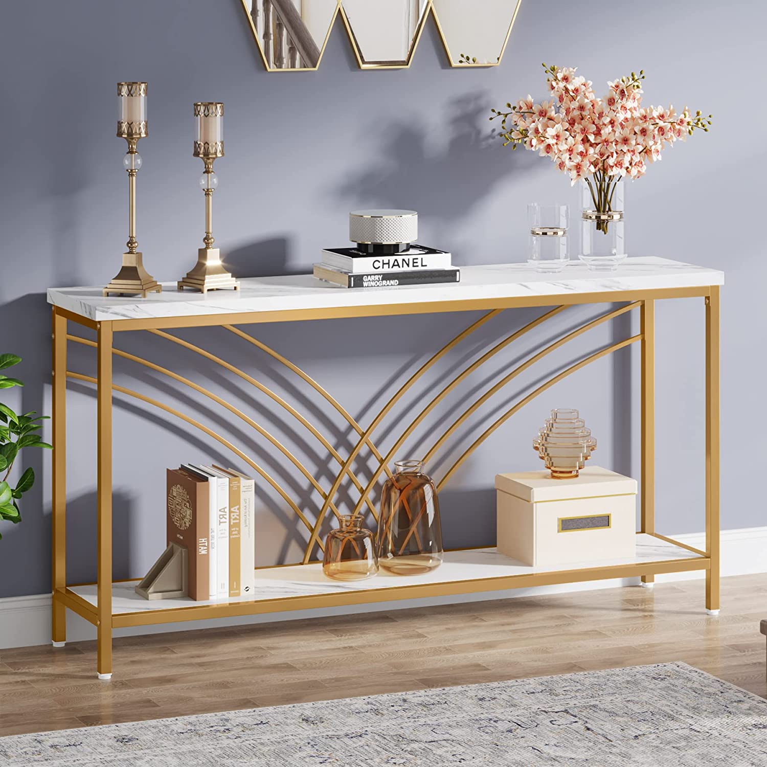 70.9 Console Table, Faux Marble Entryway Table with 2 Tier Storage Shelf