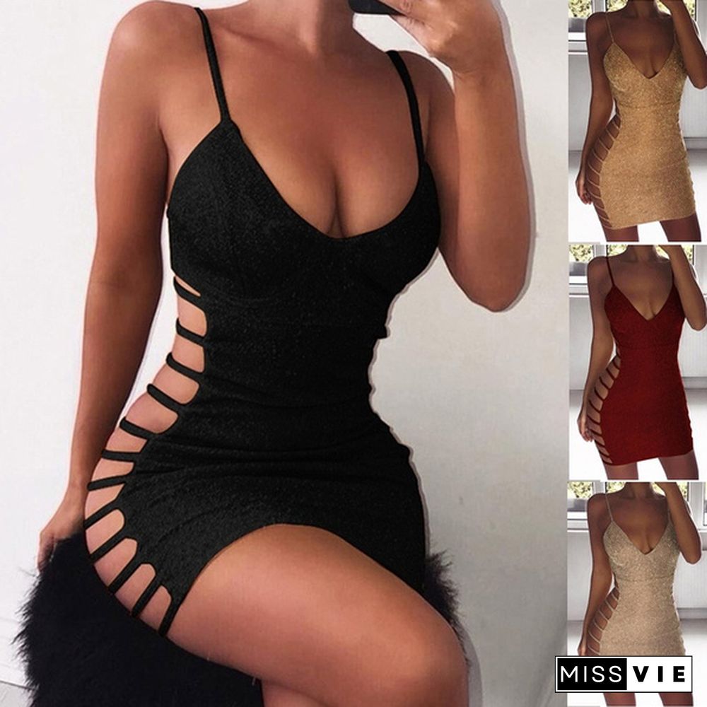 Fashion Women's Sexy Deep V Neck Mini Dress Sparkly Bodycon Bandage Dress Club Dress Cocktail Party Package Hip Dress