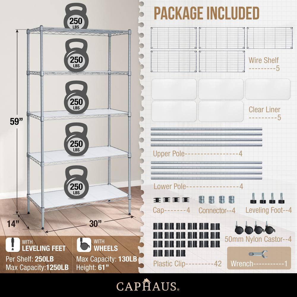 CAPHAUS Grey 5-Tier Adjustable Height Welded Garage Storage Shelving Unit with LinerWheels (30 in. W x 61 in. H x 14 in. D) RWW-CH30145WL-SV