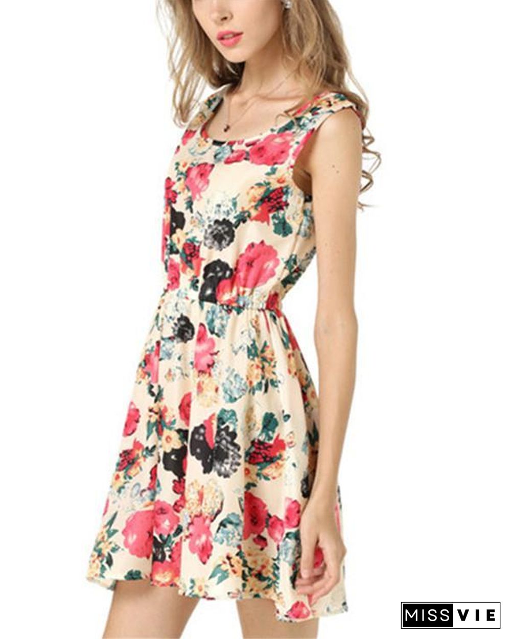 Floral Printed Sleeveless Crew Neck Women Mini Dress