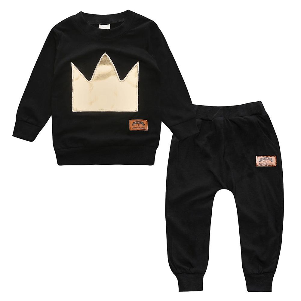 Baby Boys Girls Clothing Set Soft Cotton Autumn Long Sleeve Tops Pants 2 Pieces Baby Sport Suit Crown Embroidery Black 90cm