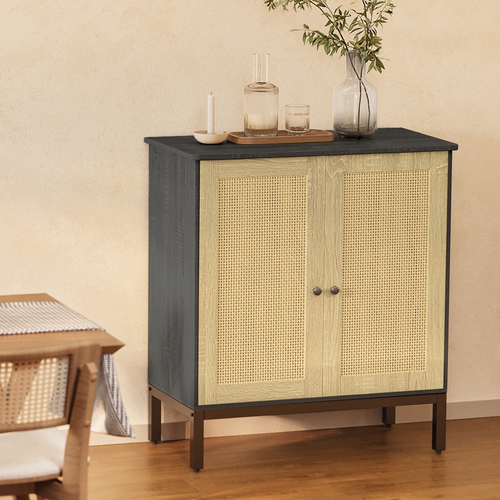 Rattan Accent Buffet Sideboard Storage Cabinet with 2 Doors   N/A