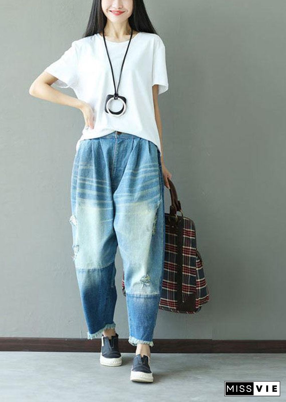 Art Blue Pockets Button Hole Fall Patchwork Pants